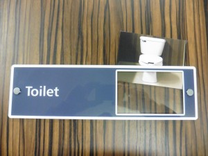 Close up of toilet door demonstrating picture slide