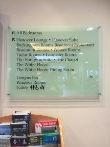 directional signage, acrylic sign example with hanover lounge and the white house