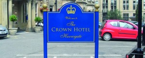 Welcome sign to the crown hotel in Harrogate