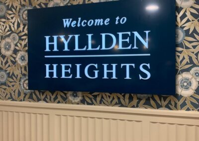 Illuminated Welcome sign for Oakland Care homes at Hyllden Heights